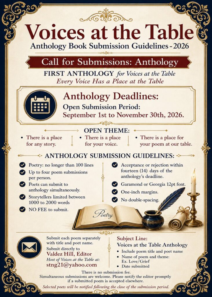 Voices at the Table anthology flyer - submission info is repeated in blog post.